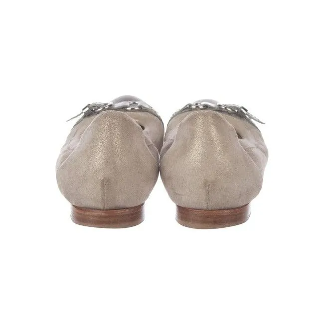 Attilio Giusti Leombruni Pewter Suede Agl Round Toe Metallic Cap Toes Flats Size Eu