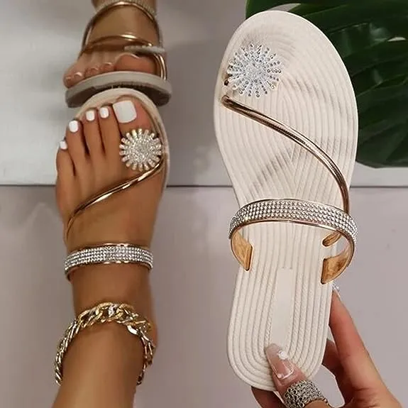 Cuzcare Women Sandals Rhinestone Comfortable Soft Luxury Flat Sandals