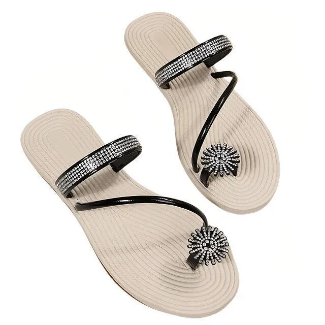 Cuzcare Women Sandals Rhinestone Comfortable Soft Luxury Flat Sandals
