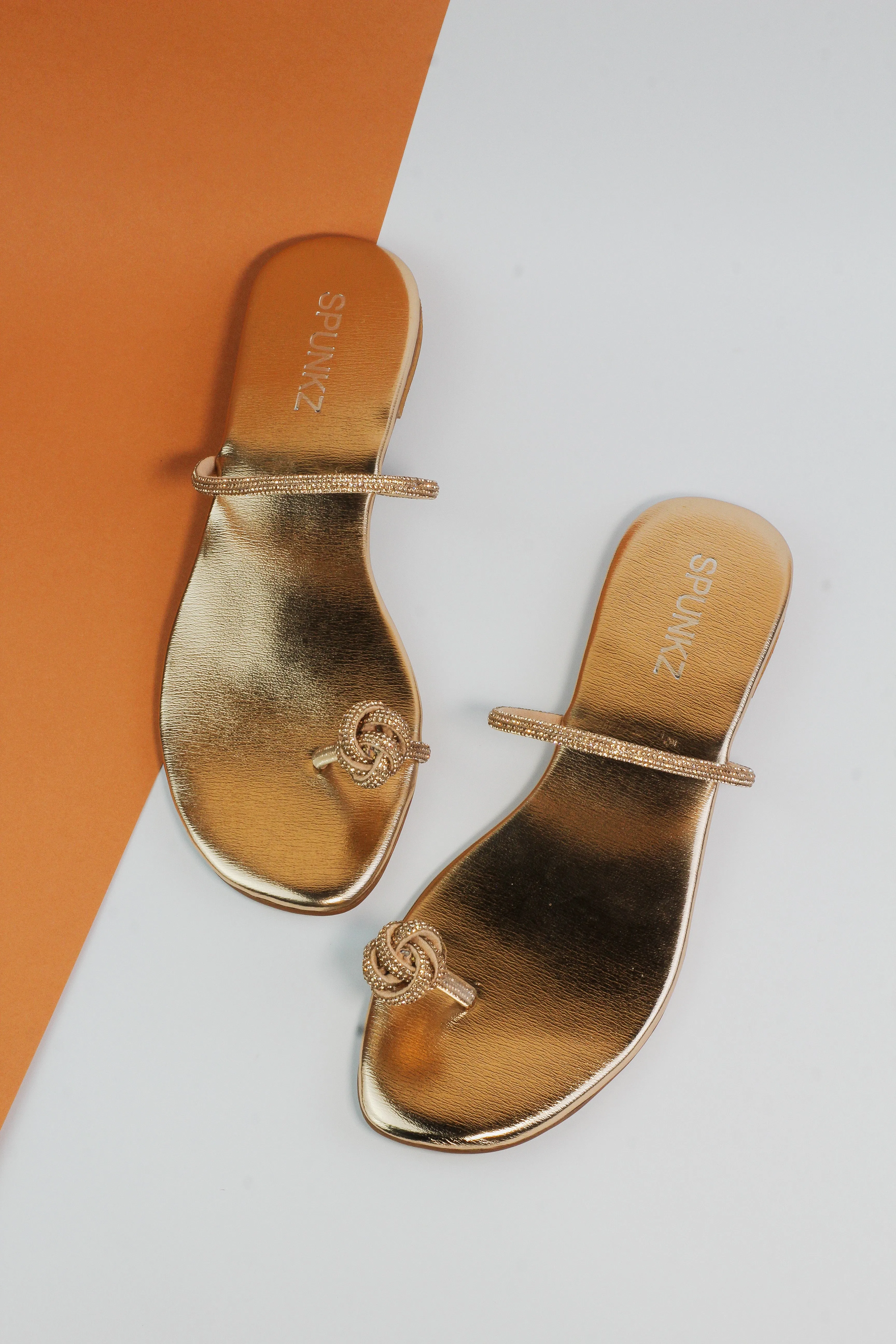 Cyra Metallic Gold Rhinestone Decor Braided Thong Sandals