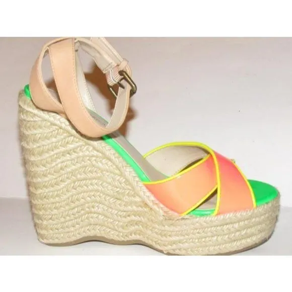 Enzo Angiolini Pink Yellow Green and Taupe Leather Wedge Sandals