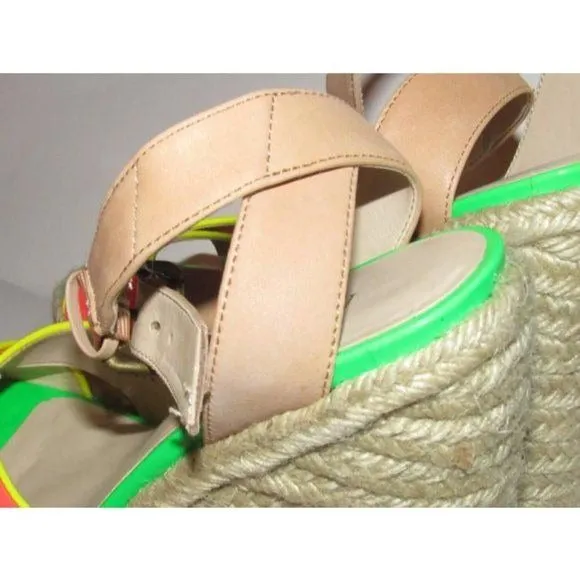 Enzo Angiolini Pink Yellow Green and Taupe Leather Wedge Sandals