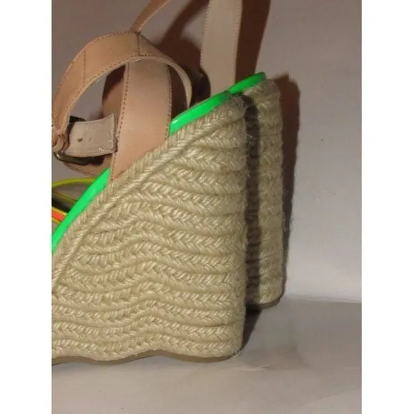 Enzo Angiolini Pink Yellow Green and Taupe Leather Wedge Sandals
