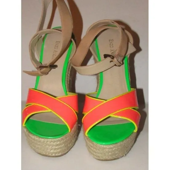 Enzo Angiolini Pink Yellow Green and Taupe Leather Wedge Sandals