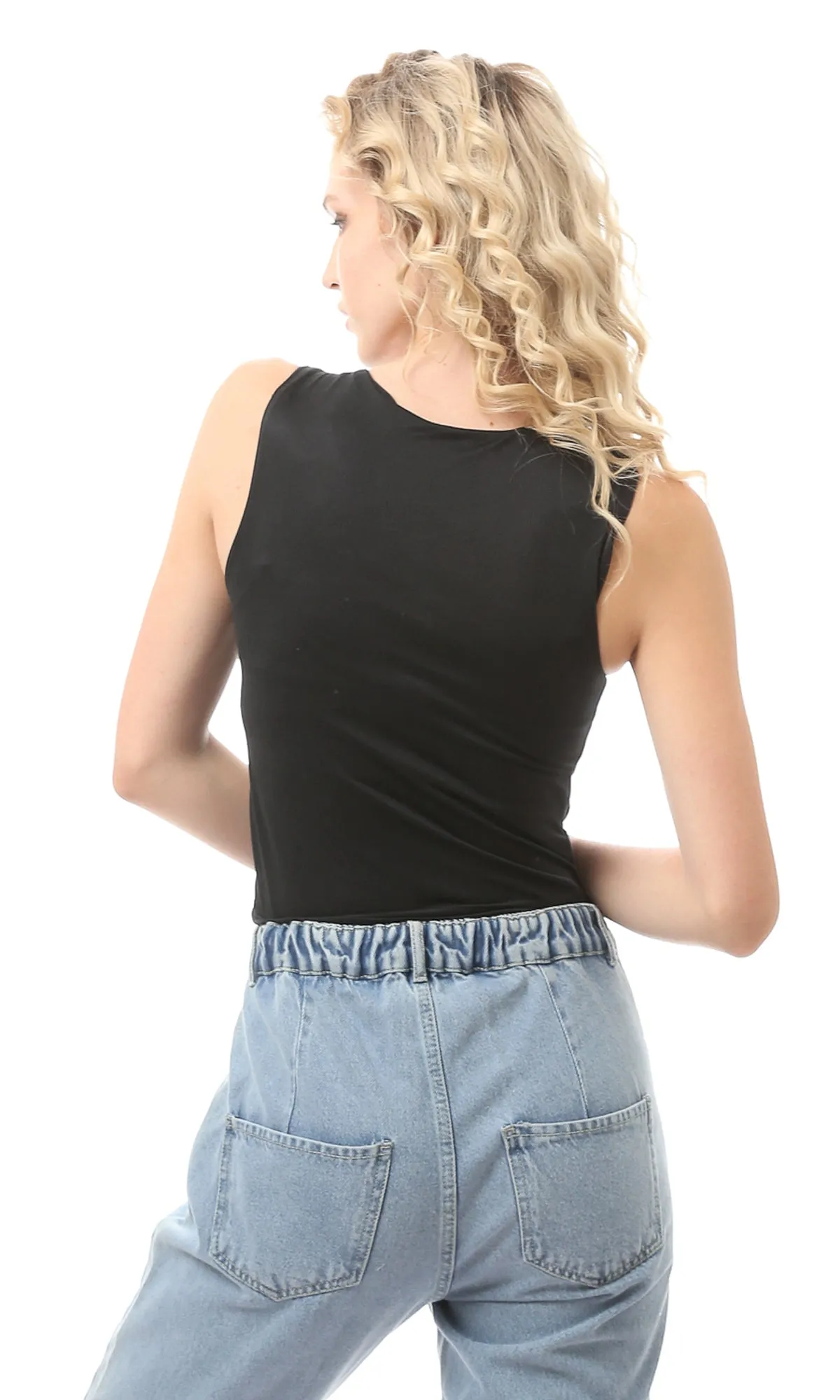 O169392 Cotton Black Sleeveless Solid Top