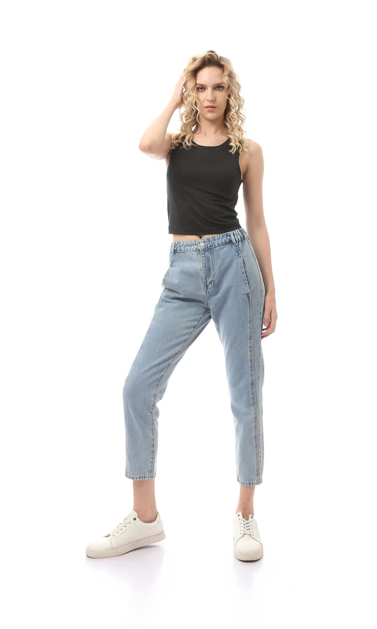 O169392 Cotton Black Sleeveless Solid Top