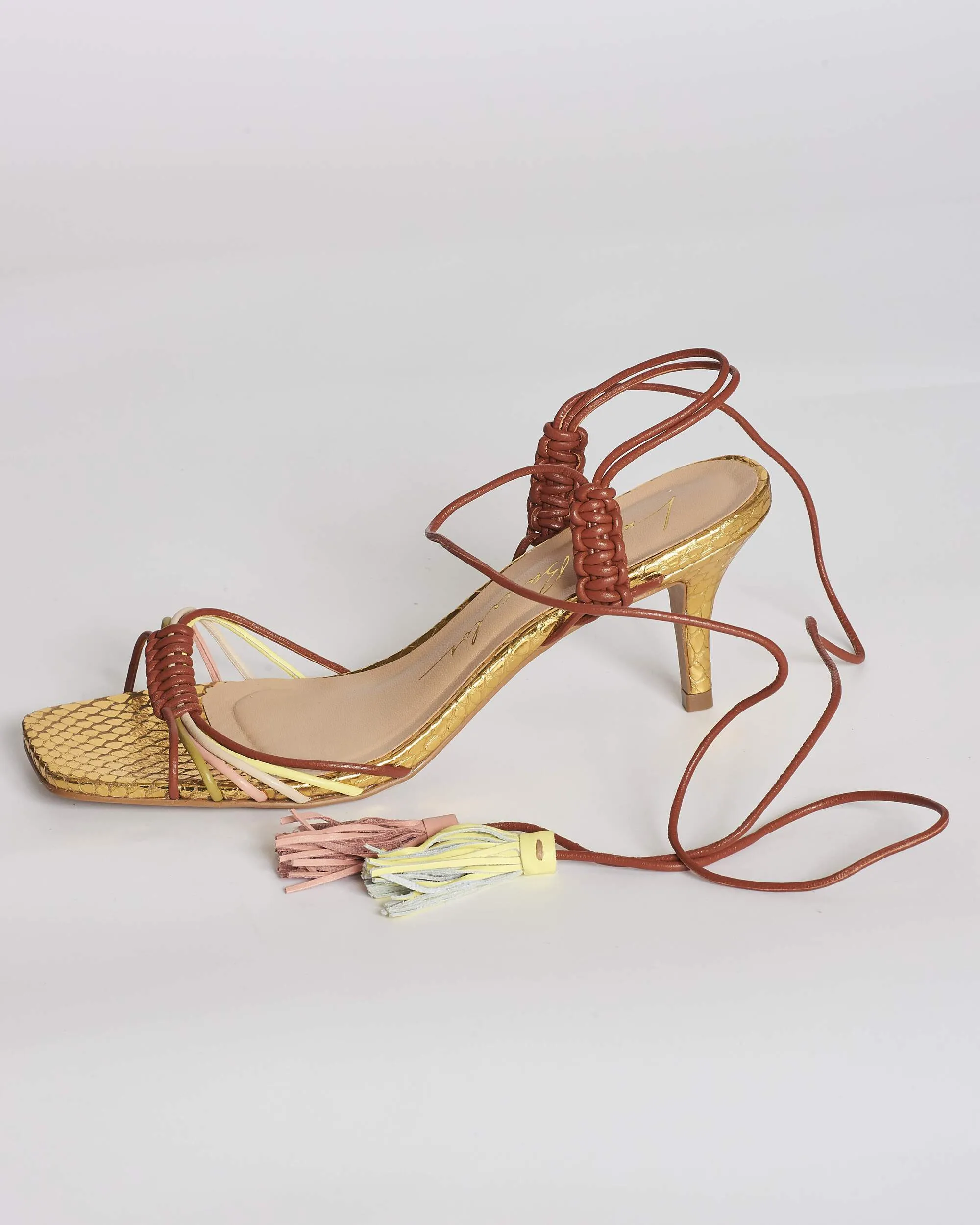 Open Toe Short Heel Wrap Gold and Brown Sandals with Multi-Color Tassels