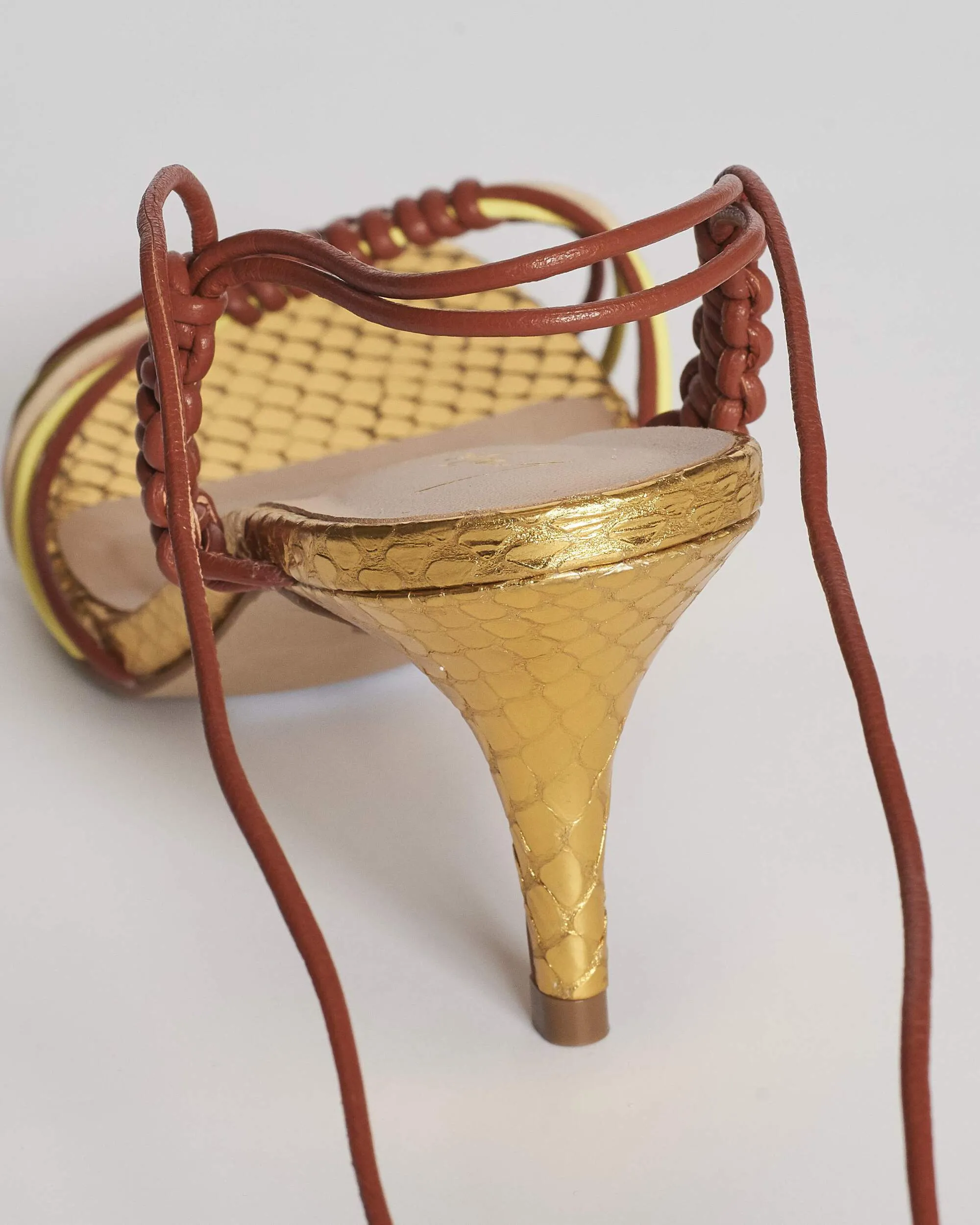 Open Toe Short Heel Wrap Gold and Brown Sandals with Multi-Color Tassels
