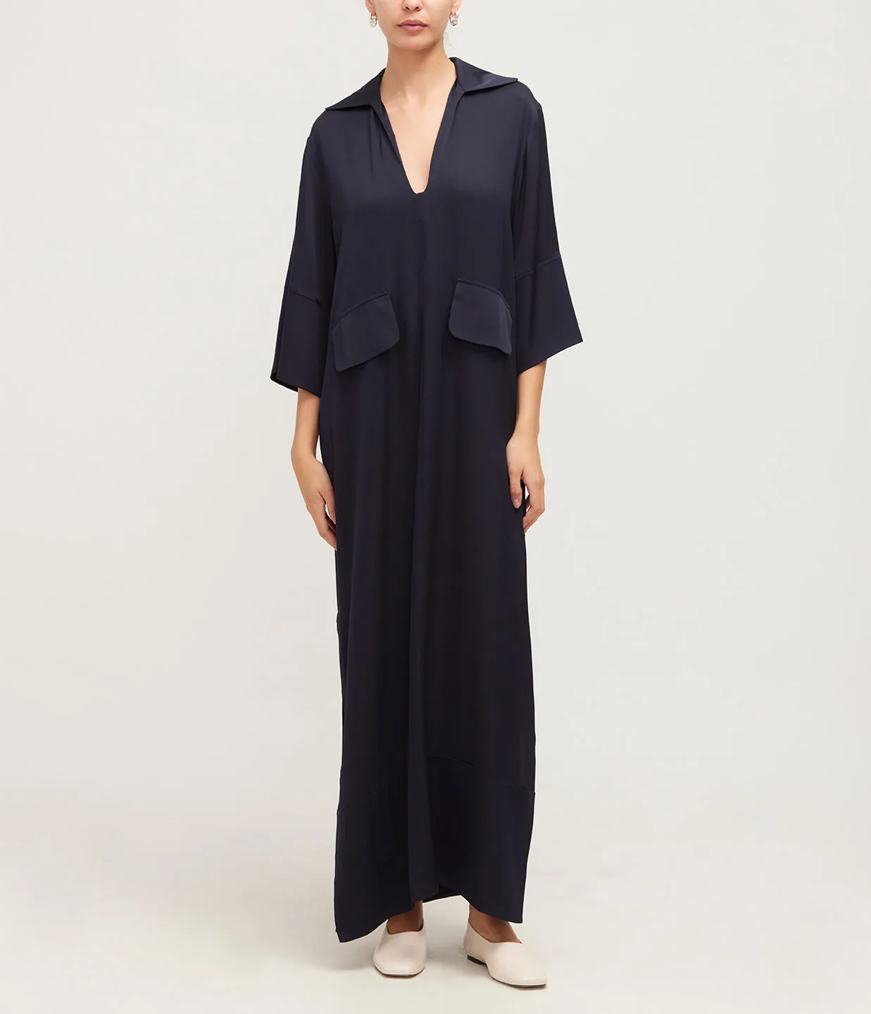 Serafino V-Neck Silk Dress in Navy