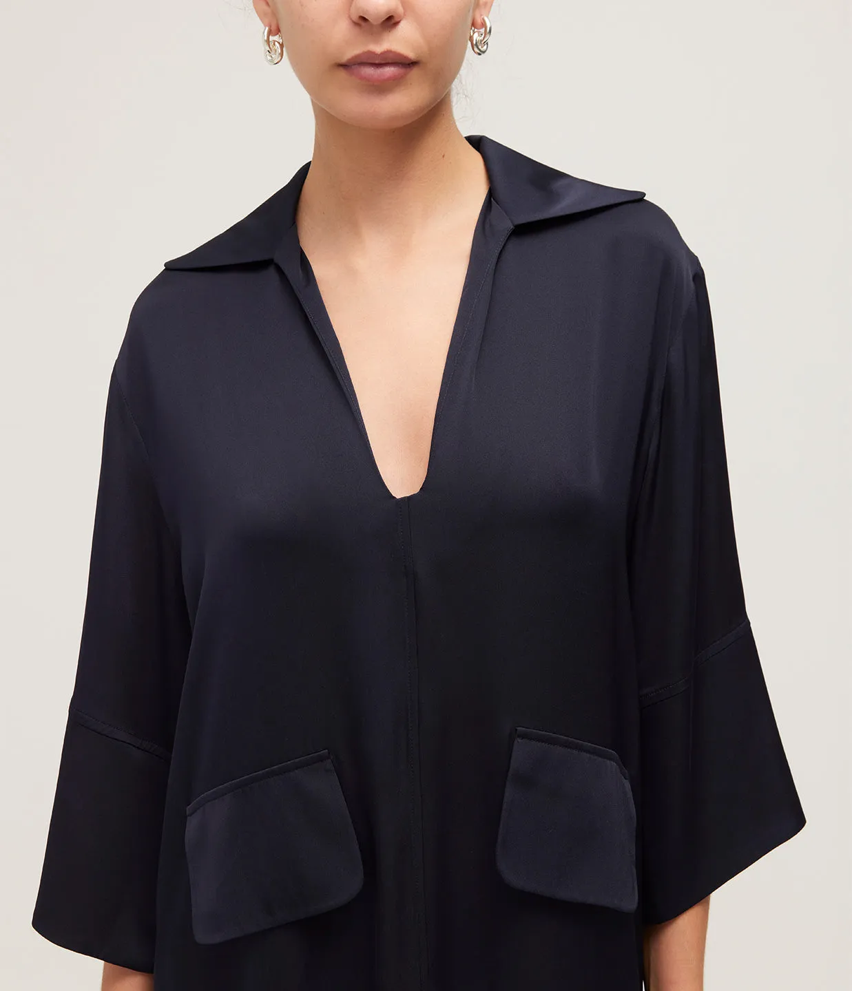 Serafino V-Neck Silk Dress in Navy