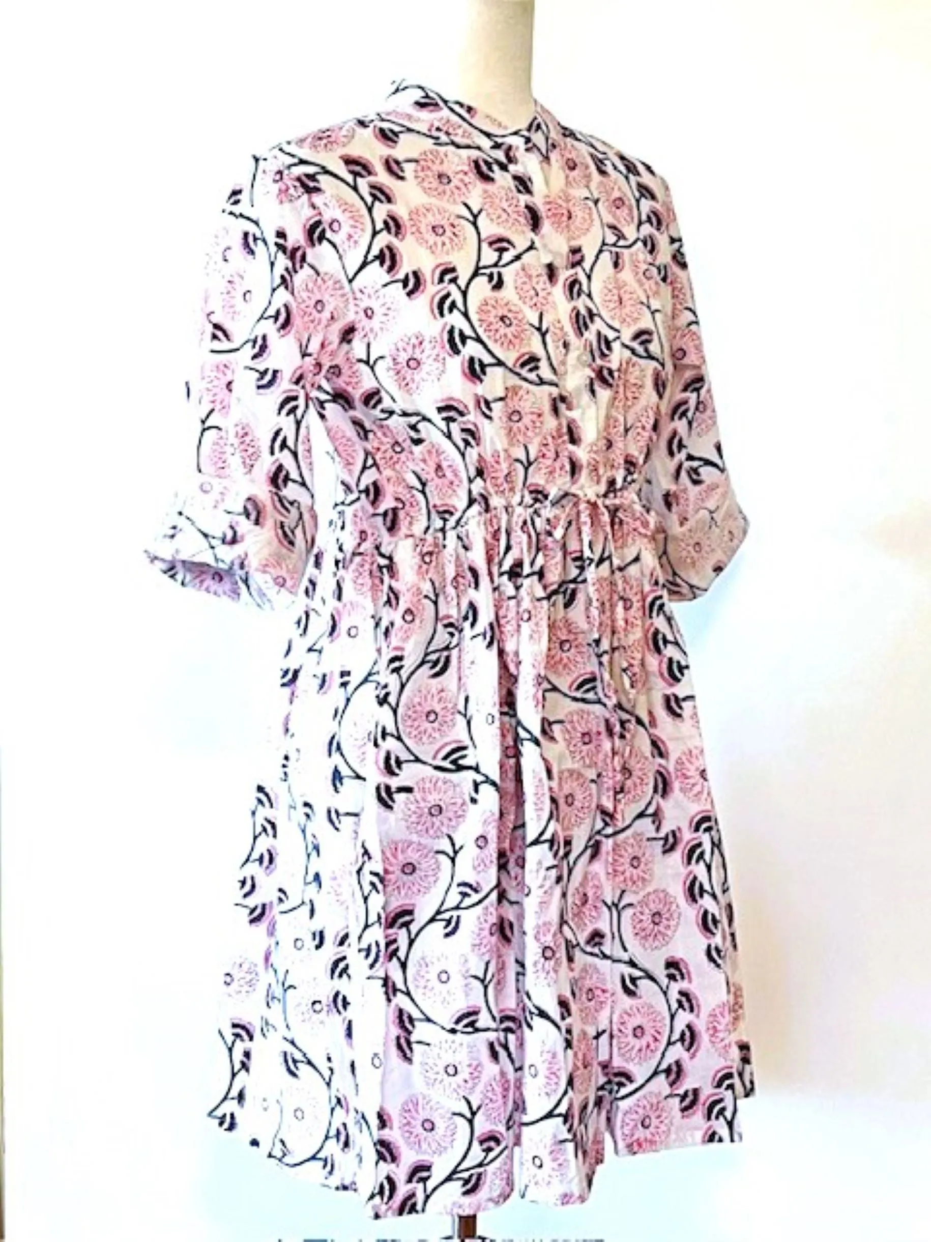 Short And Lively, Updated Block Print Cotton Dress (Pink)